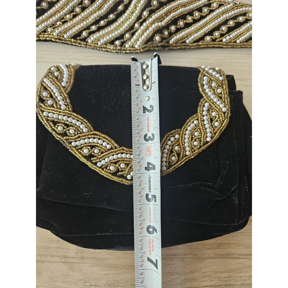 Vintage Handcrafted Zardozi‎ Black Velvet Clutch and Belt Set Gold Pearl India